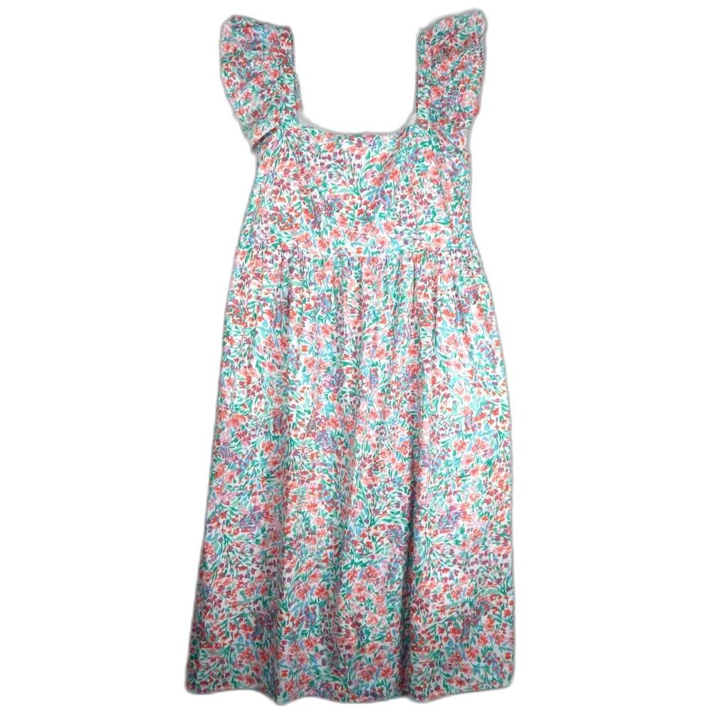 J. Crew Factory Floral Watercolor Midi Dress 18 Pink Green Ruffle Sleeve Boho Co
